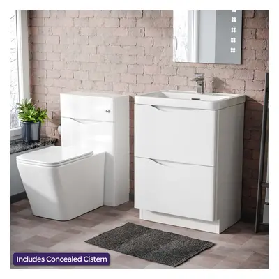 Merton Freestanding White Vanity Cabinet, WC & Rimless Square BTW Toilet Set