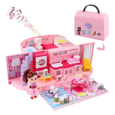 deAO Children\u2019s 2-In-1 Pink Portable Doll House Play Set with Light and Music Functions, Ac