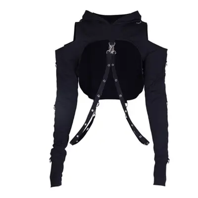 Women Gothic Punk Hoodies Bandage Crop Tops Long Sleeve Off Shoulder P