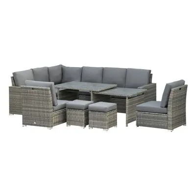 Outsunny 10-Seater Sofa Sectional W/ Cushioned Seat, Footstools and Glass Table