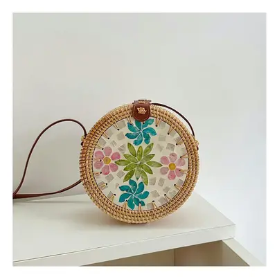 (Shell shoulder bag-pink blue green leaves) Vietnam Aki Rattan Woven INS Wind Round Color Shell 