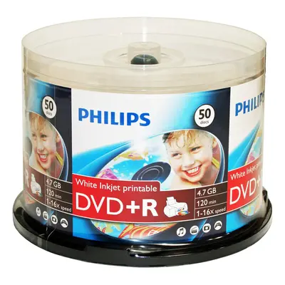 Philips White Inkjet Printable 16X DVD+R Media Pack in Cake Box (DR4I6B50F/17)