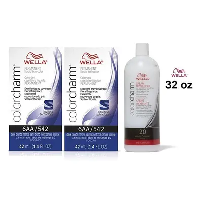 (6AA(2)+Dev(Vol.20)32oz) Wella 6AA Dark Blonde Intense Ash Color Charm Permanent Liquid Haircolo