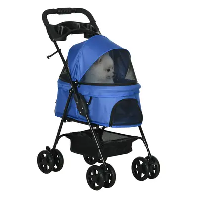 PawHut Pet Stroller Foldable Travel Carriage w/ Brake Basket Canopy, Blue