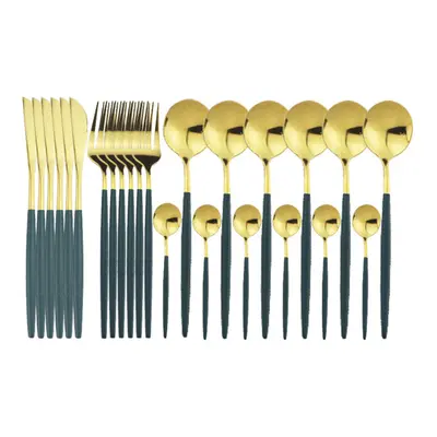 (Green Gold, 1) 24pcs Stainless Steel Cutlery Set Fork Knife Spoon Tableware Flatware