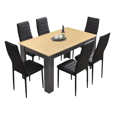 ((140cm Pine+Grey & Black Chairs)) Wooden Dining Table and Chairs 4/6 Set Pu Leather Seat Dining