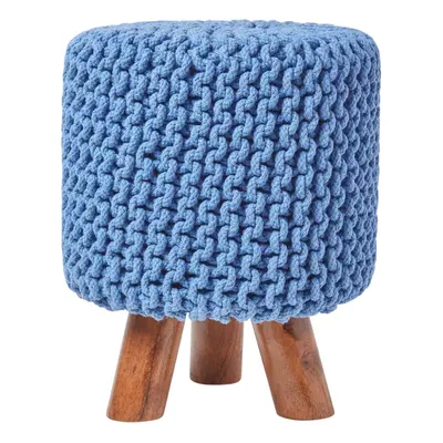 (Blue) Tall Knitted Cotton Footstool with Tripod Wooden Legs