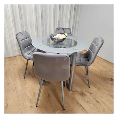 Round Glass Grey Dining Table With Storage Shelf and Velvet Chairs