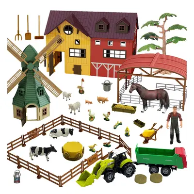 Farm Animals Toys with Windmill House Horse Stable Tractor Trailer Animal Figures Farmer Fence P