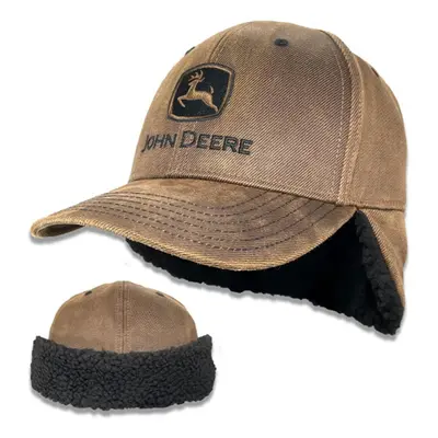 John Deere Brown Oiled Cotton Twill Sherpa Lined Flap Cap Hat