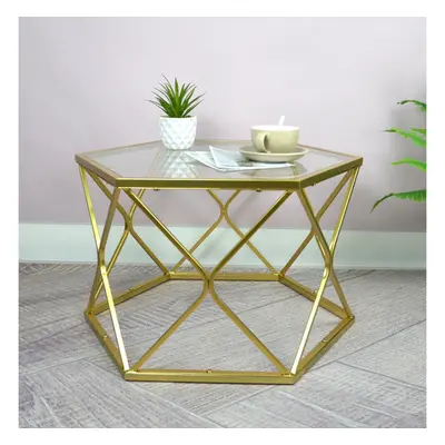 Hexagon Glass Coffee Table for Living Room with Golden Metal Frame Side End Table G-0451