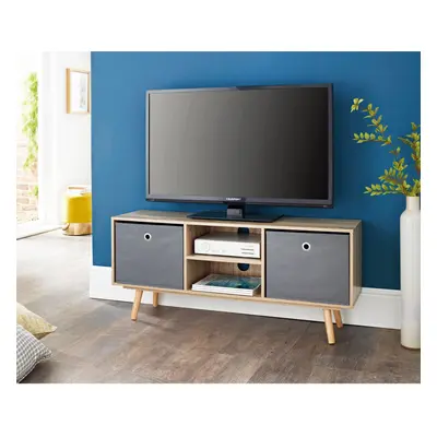 Oak TV Unit with Shelves Grey Fabric Non woven Baskets G-0444