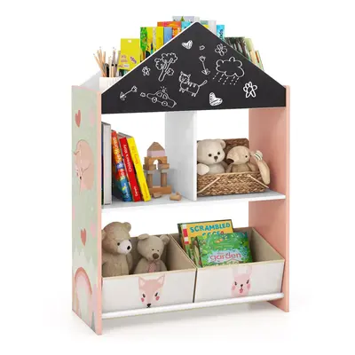 Kids Dollhouse Bookshelf Wooden Toy Storage Organizer-Pink