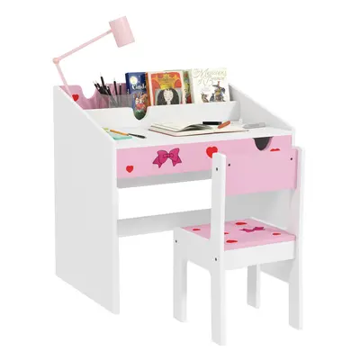 AIYAPLAY Children Study Table and Chair w/ Storage, Pull-out Drawer - Pink