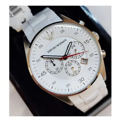 EMPORIO ARMANI MEN'S AR5859 WHITE RUBBER STRAP WHITE DIAL SILVER CASE