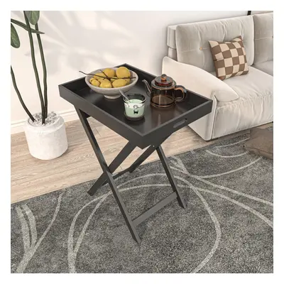 (Black) Side Coffee Table Butlers Tray Style Foldable MDF