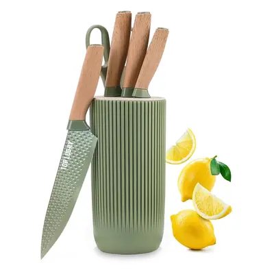 (Green) Kitchen Knives Block Set, 6-Piece Chef Knife Set with Sharp Blades,Non-stick Stainless S