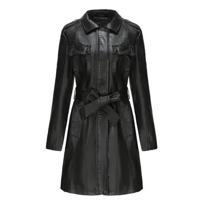 (Black, XL) Womens Fashion Lapel Double Breasted Lambskin Leather Mid Long Jacket Coat