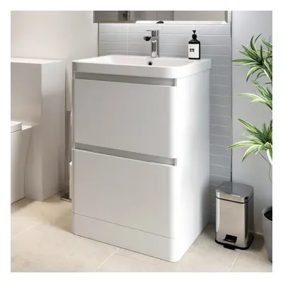 Bathroom Cloakroom Vanity Unit Wash Basin Base Cabinet Two Drawers Storage White