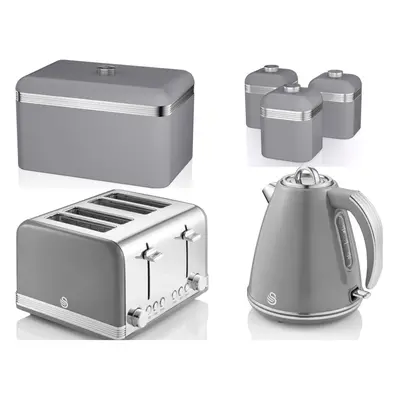 Swan Retro Grey Jug Kettle, Slice Toaster, Bread Bin & Canisters