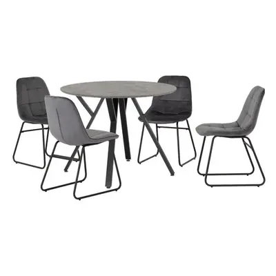 (Grey Velvet) Athens Concrete Effect/Black Round Dining Set with Lukas Chairs - Table with Chair