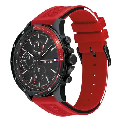 TOMMY HILFIGER MEN'S WATCH RED STRAP BLACK DIAL BLACK CASE