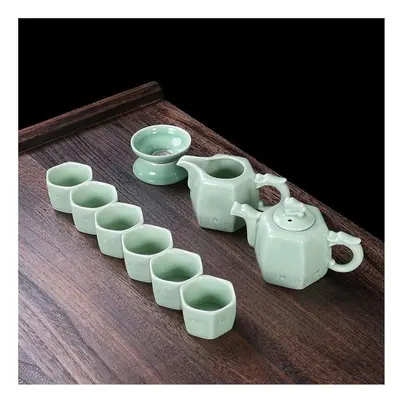 (10 piece set of dragon handle teapot - celadon relief, Universal version) Ruyao Tea Set, Tea To