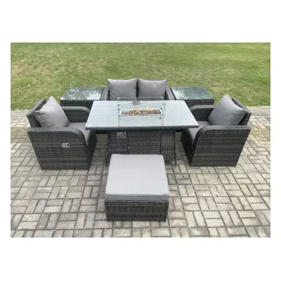 Fimous Rattan Garden Furniture Set Outdoor Patio Gas Fire Pit Dining Table and Chairs with Side 