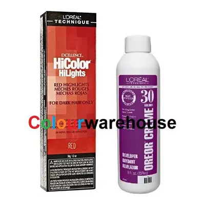 (Red, Dev (Vol. 30) 8oz) L'Oreal HiColor Red HiLights For Dark Hair Only