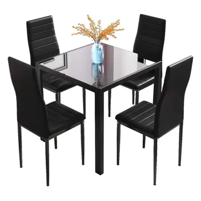 (Black) Glass Table and Chairs Set 4, 75cm Square Table with Faux Leather High Back Chairs Moder