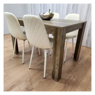 Wooden Dining Table with Cream Gem Patterned Chairs Rusteic Effect Table with Cream Chairs