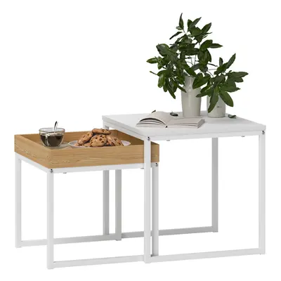 HOMCOM Modern Coffee Table Set Square Nest of Tables for Small Space White