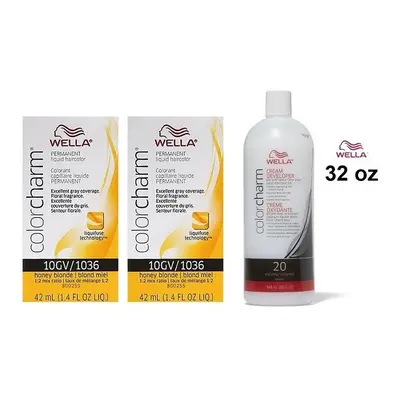 (10GV(2)+Dev(Vol.20)32oz) Wella Color Charm 10GV Honey Blonde Permanent Liquid Haircolor