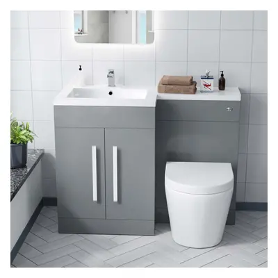 1100mm Left Flat Pack Vanity Basin, WC Unit & BTW Rimless Toilet Light Grey