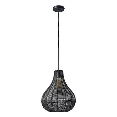 Modern Black Woven Wicker Rattan Teardrop Basket Ceiling Light Shade - Complete with 6w LED GLS 