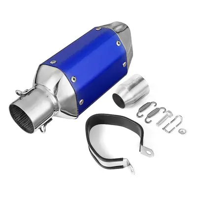 (Blue+Chrome) Universal Motorcycle Short Steel Exhaust Pipe Muffler Silencer Removable 38-51mm