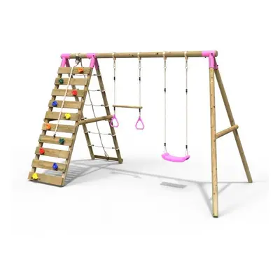 (Savannah, Pink) Rebo Wooden Swing Set with Up and Over Climbing Wall