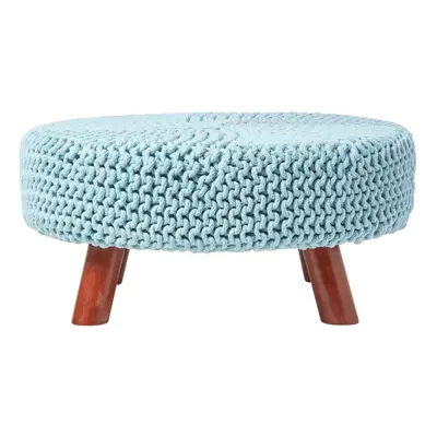 (Pastel Blue) Knitted Cotton Footstool with Wooden Legs Large x x cm