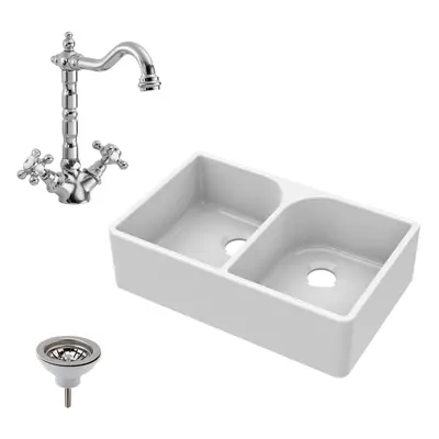 795mm - Fireclay Double Bowl Full Weir Butler Kitchen Sink - Classic Tap & Waste