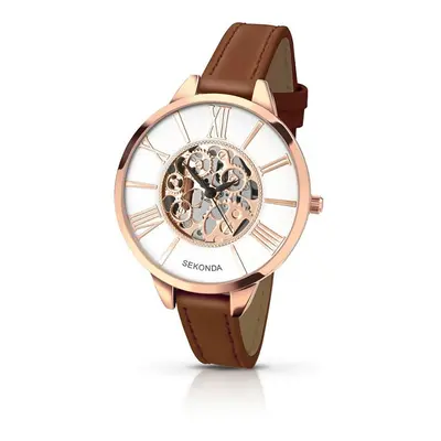 Sekonda ladies watch rose gold skeleton dial brown strap womens