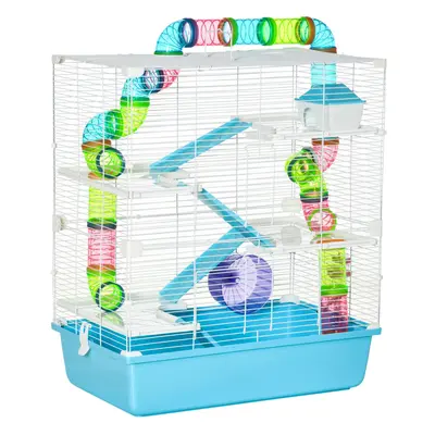 PawHut Hamster Cage w/ Water Bottle, Exercise Wheel, Tubes, Ramps-Light Blue