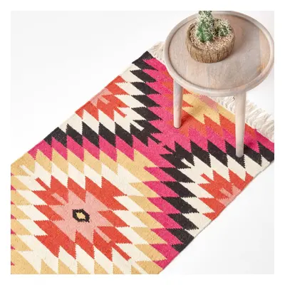 (66 x cm) Jakarta Handwoven Pink, Orange and Yellow Multi Coloured Geometric Pattern KIlim Wool 