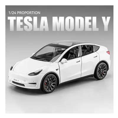 (Model Y White) 1:24 Tesla Model Y With Charging Pile Alloy Car Model Diecast Metal Toy Simulati