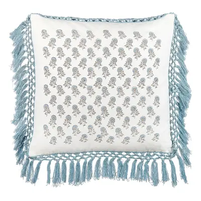 Fringed Cotton Cushion Floral Pattern x cm White and Blue PALLIDA