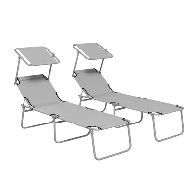 Outsunny Folding Sun Lounger Set of w/ Sunshade Adjustable Backrest Light Grey