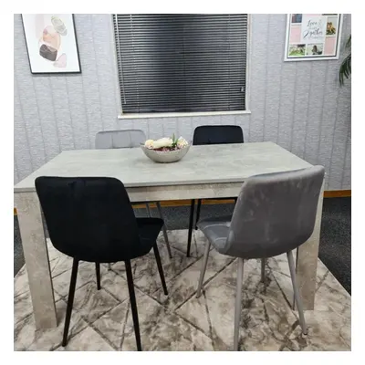 Dining Table and Chairs Stone Grey Effect Wood Table Black Grey Velvet Chairs Dining Room