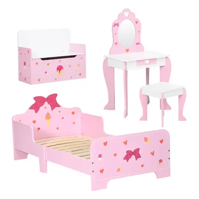 ZONEKIZ 4PCs Kids Bedroom Furniture Set W/ Bed, Toy Box, Dressing Table, Pink