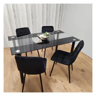 Black Clear Glass Dining Table With Black Tufted Velvet Chairs Set