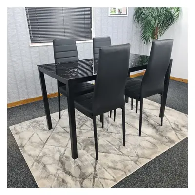 Black Marble Effect Dining Table and Black Faux Leather Metal Chairs