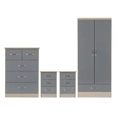 Nevada Door Drawer Wardrobe Bedroom Set Grey Gloss Robe Chest Bedside x2